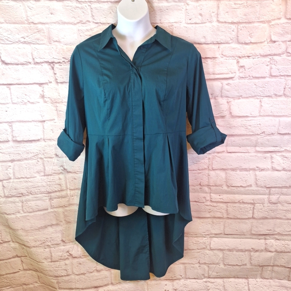 NWT Lane Bryant High Low Peplum Button DownEmerald Green Teal Tunic Size 16